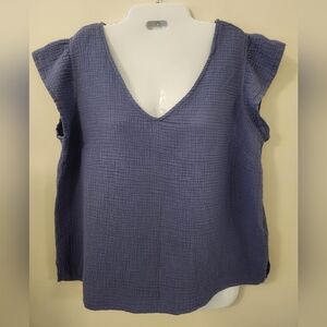 Three Dots 100% Cotton V-Neck Blue Top